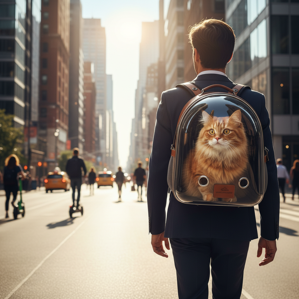 A high-resolution cinematic shot of a stylish person walking down a sun-drenched urban street, wearing a modern transparent window pet backpack with a curious ginger cat looking out at the city skyline.
