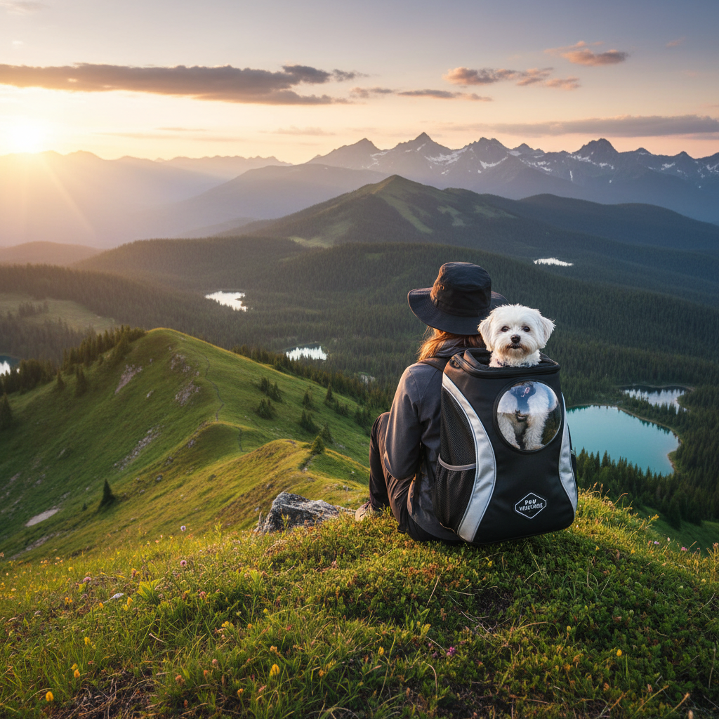 A wide-angle landscape photo of a hiker standing on a lush green mountain ridge, featuring a professional-grade ergonomic pet backpack with a small white Maltese dog enjoying the panoramic view.