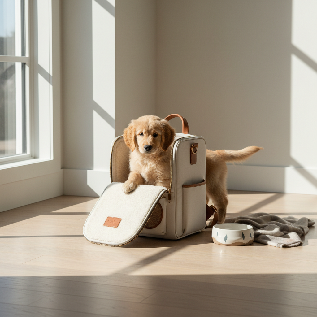 A minimalist and cozy indoor scene with soft morning light, showing an open premium fabric pet backpack on a wooden floor, with a fluffy puppy playfully exploring the interior.