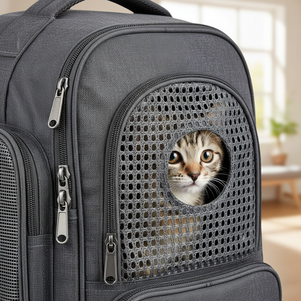 An aesthetic close-up shot focusing on the breathable mesh and sturdy zippers of a charcoal grey pet backpack, with a kitten's bright eyes visible through the mesh, emphasizing safety and ventilation.