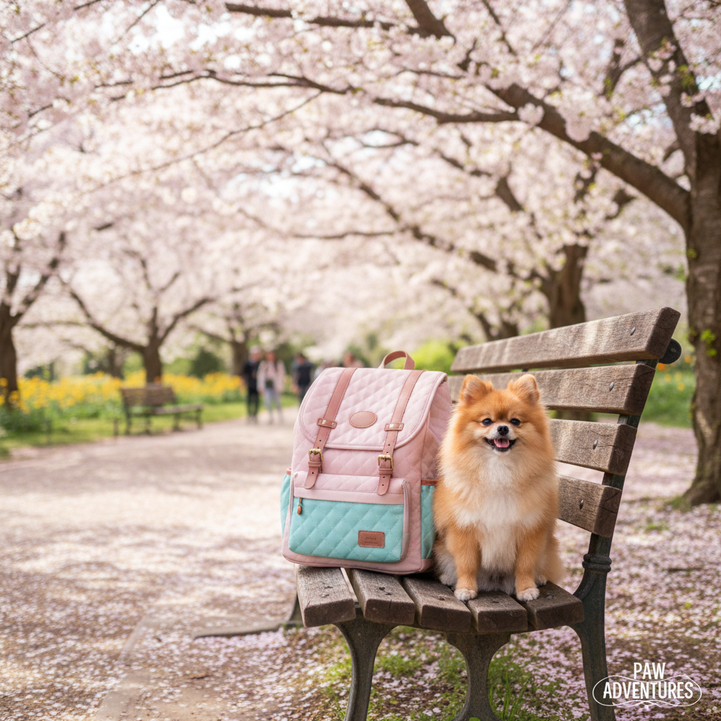 A beautiful spring-themed image in a park filled with cherry blossoms, featuring a pastel-colored pet backpack resting on a wooden bench, with a small Pomeranian sitting proudly beside it.