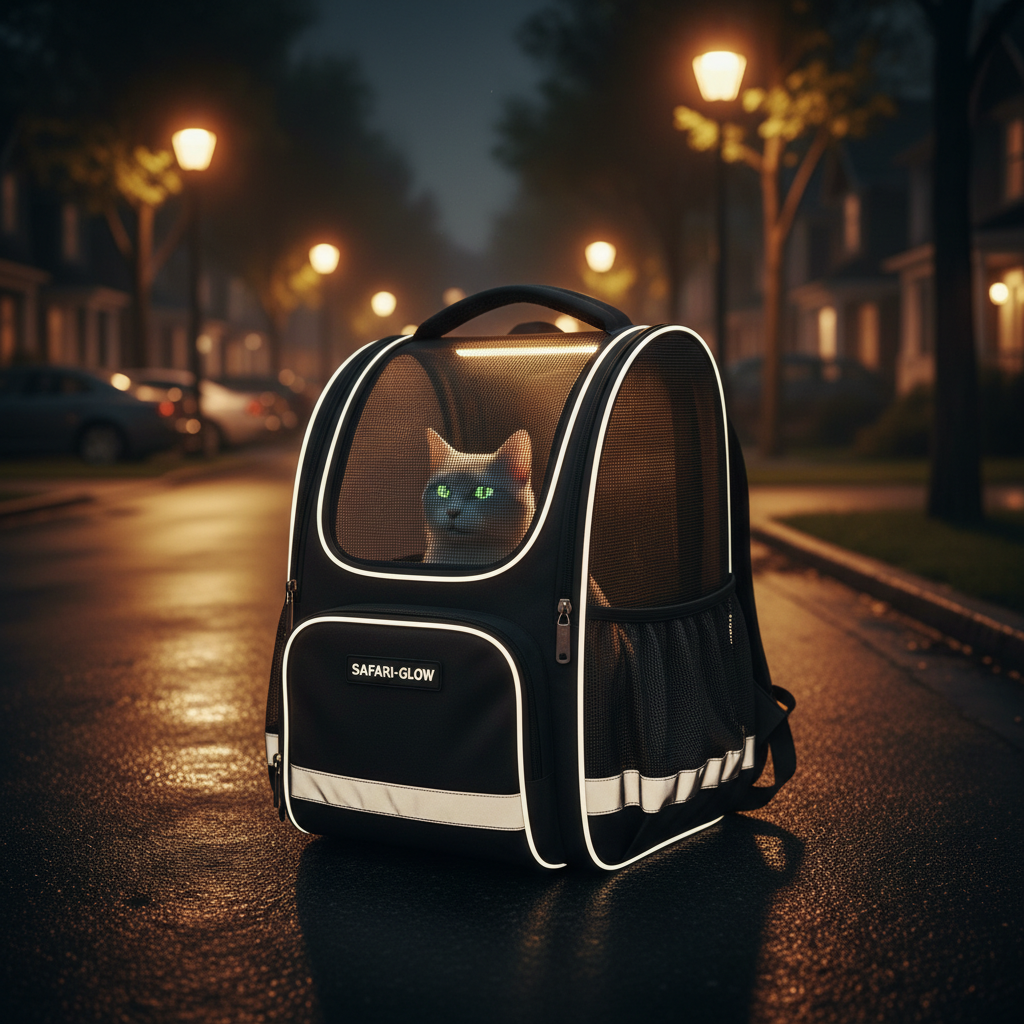 A high-quality night photography shot showing a pet carrier backpack with luminous reflective strips for safety, captured under warm streetlights in a quiet suburban neighborhood.