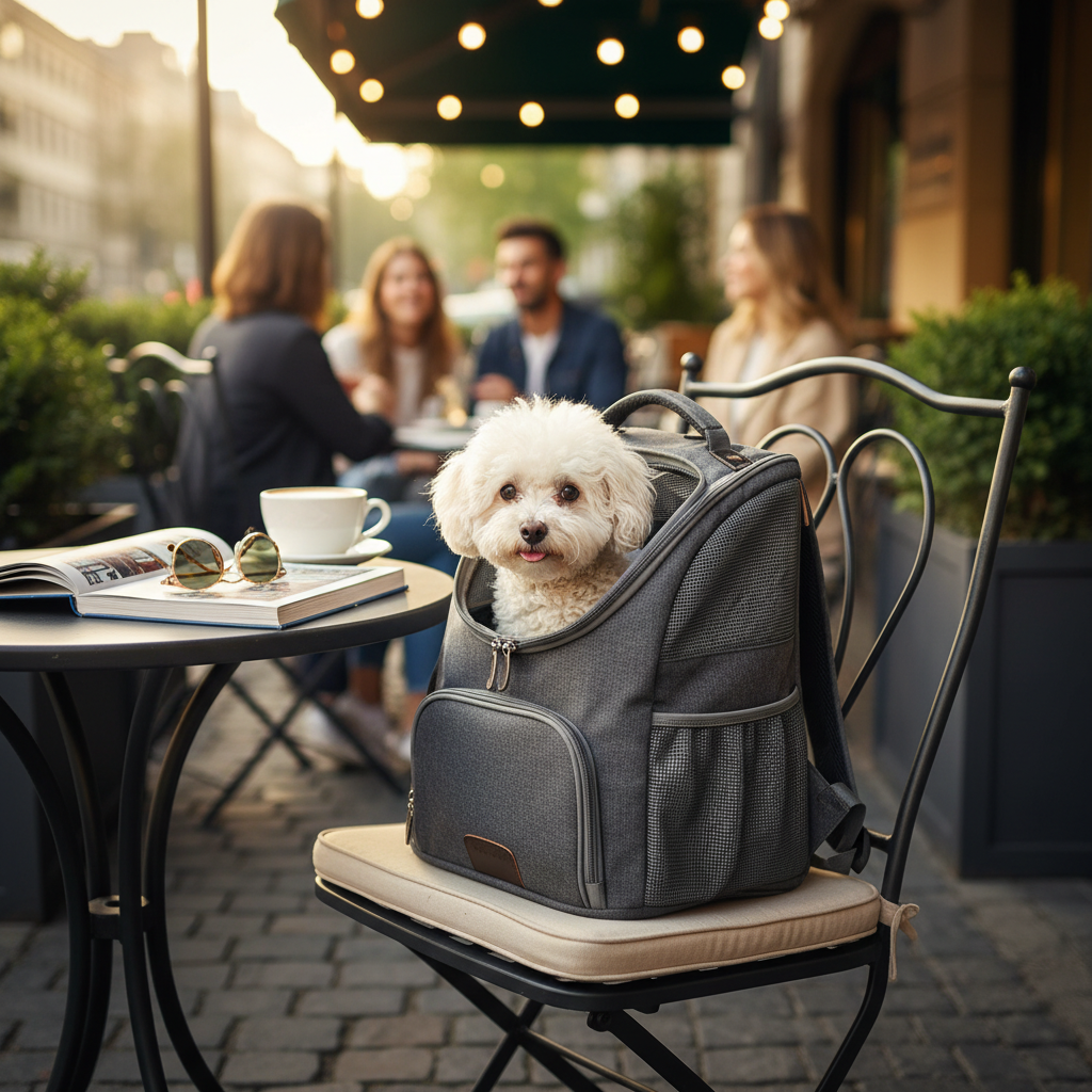 A chic outdoor cafe setting where a compact pet backpack is placed neatly on a chair, showing a cute Toy Poodle peeking out curiously while a cup of latte and a book sit on the table nearby.